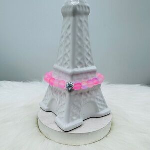 Chic Pink Matte Moonstone Beaded Bracelet w/ Rhinestone